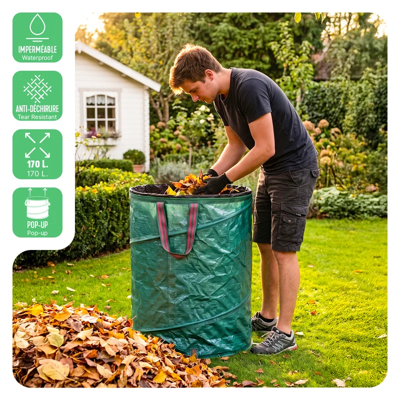 Lot de 3 Sac de Jardin Pop up 170L en Polyéthylène avec Poignées