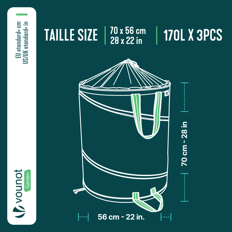 Lot de 3 Sac de Jardin Pop up 170L en Polyéthylène avec Poignées