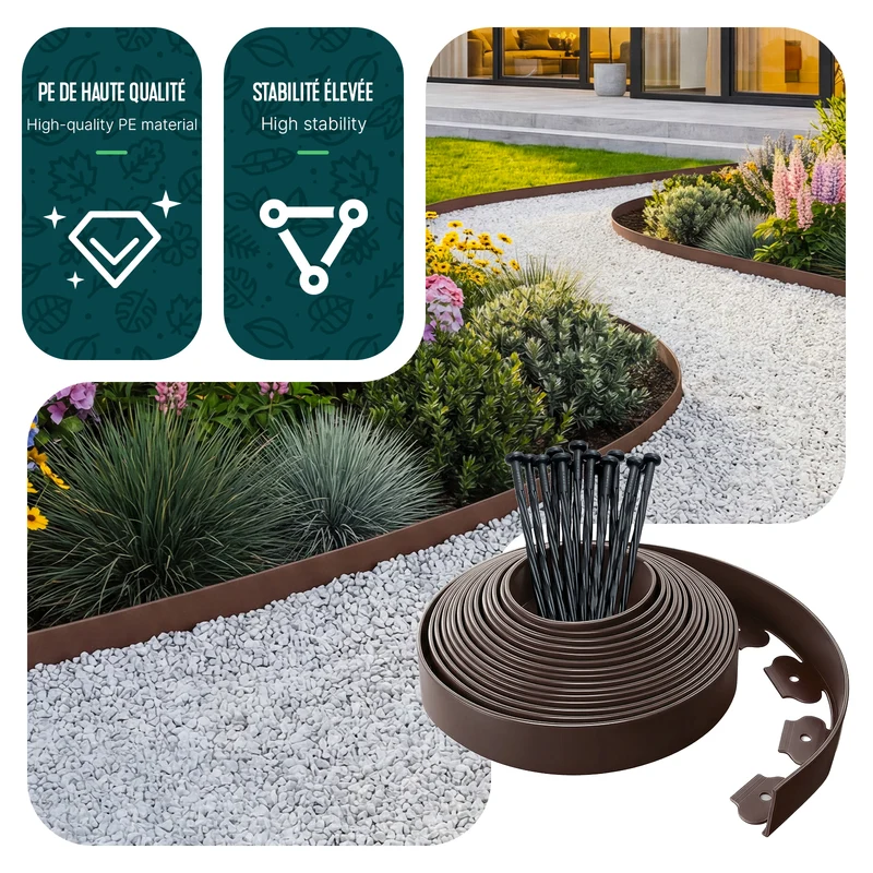 Bordure de jardin plastique flexible 10m avec piquets Marron