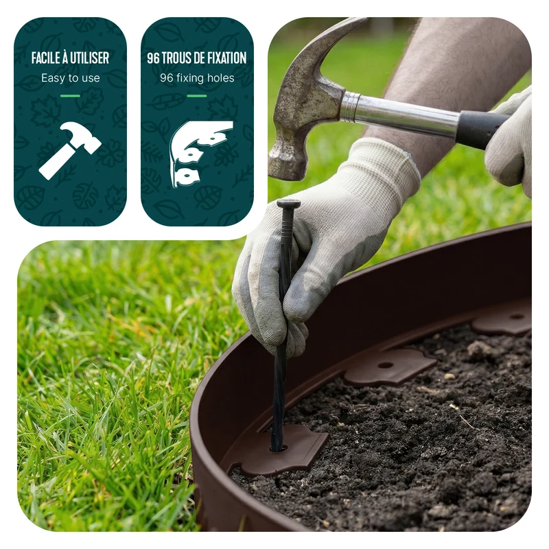 Bordure de jardin plastique flexible 10m avec piquets Marron