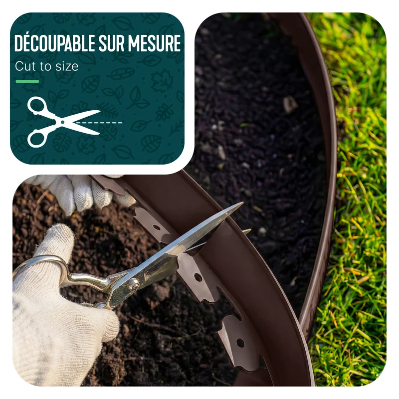 Bordure de jardin plastique flexible 10m avec piquets Marron