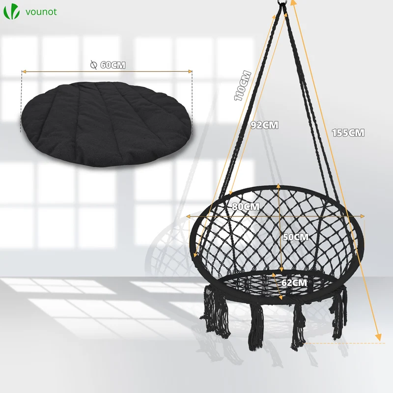 Fauteuil suspendu avec coussin rond noir