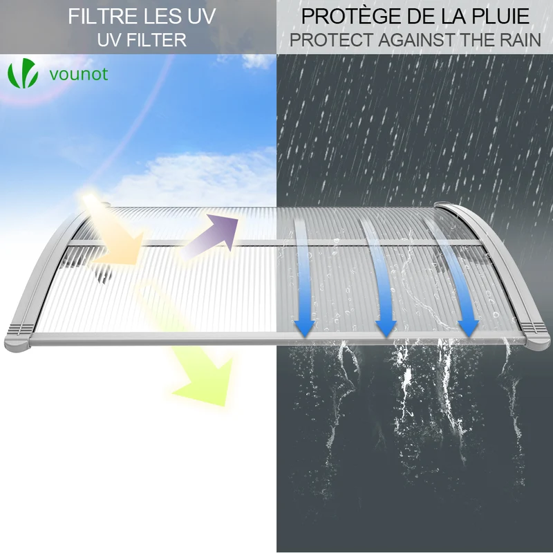 Auvent de porte marquise 120x80 cm transparent en Polycarbonate anti UV Gris