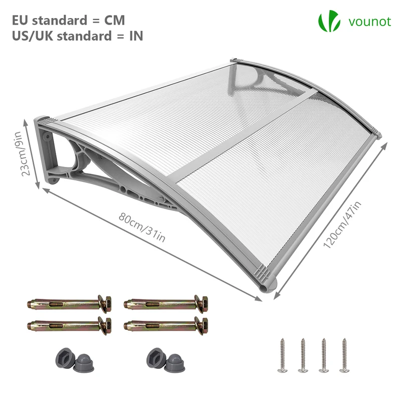 Auvent de porte marquise 120x80 cm transparent en Polycarbonate anti UV Gris