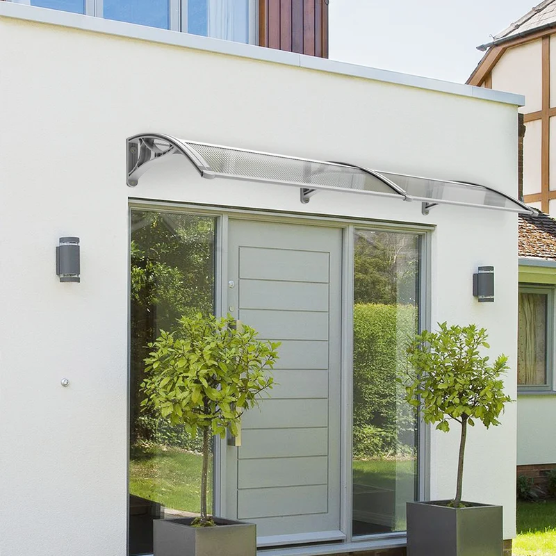 Auvent de porte marquise 200x80 cm transparent en Polycarbonate anti UV Gris