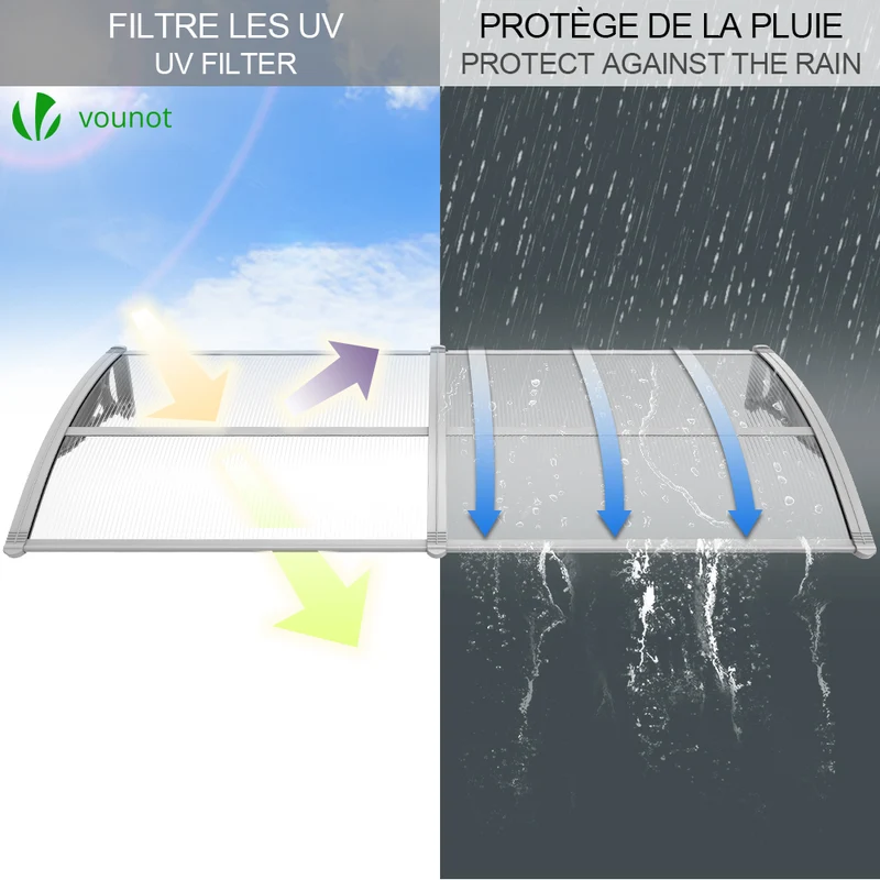 Auvent de porte marquise 200x80 cm transparent en Polycarbonate anti UV Gris