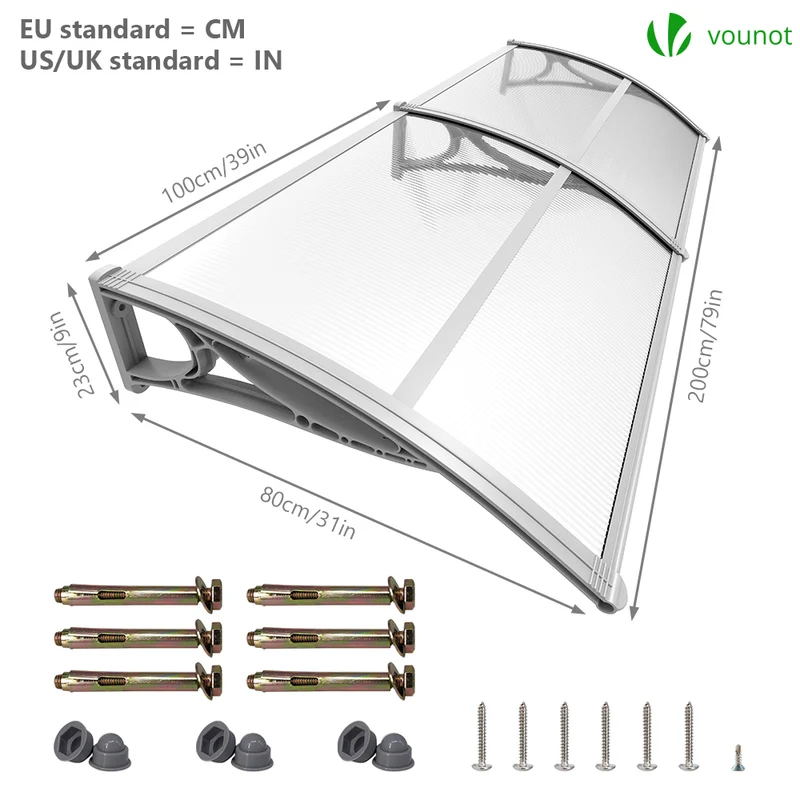 Auvent de porte marquise 200x80 cm transparent en Polycarbonate anti UV Gris