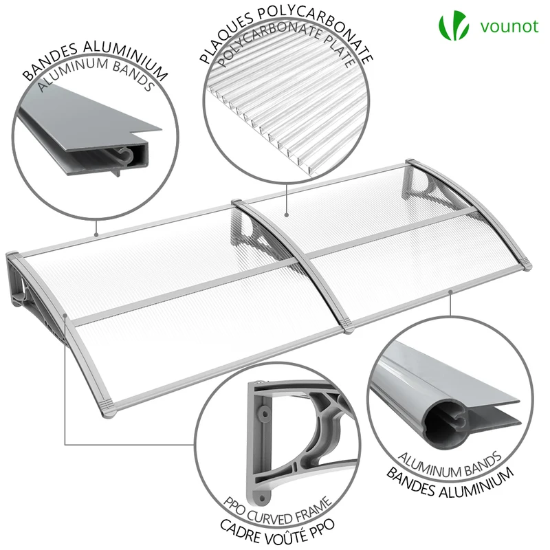 Auvent de porte marquise 200x80 cm transparent en Polycarbonate anti UV Gris