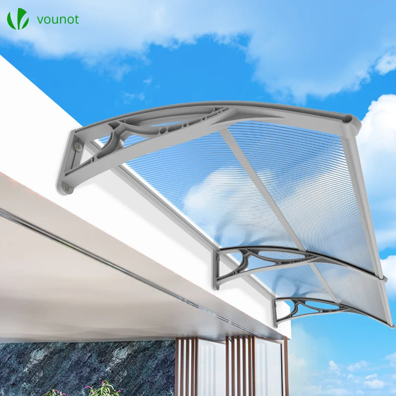 Auvent de porte marquise 200x80 cm transparent en Polycarbonate anti UV Gris