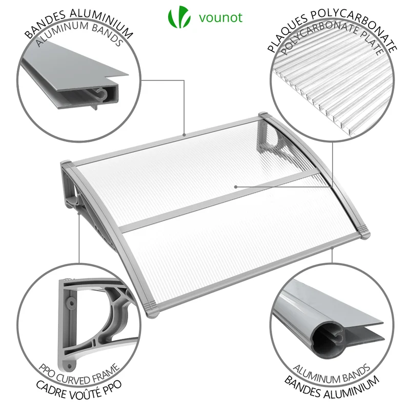 Auvent de porte marquise 100x80 cm transparent en Polycarbonate anti UV Gris