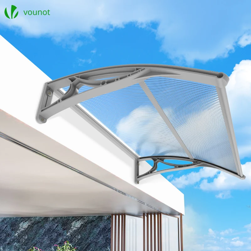 Auvent de porte marquise 100x80 cm transparent en Polycarbonate anti UV Gris