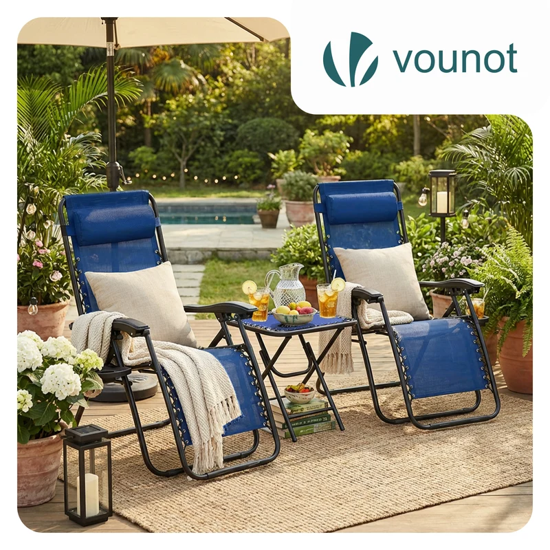 Lot de 2 Chaise longue inclinable en textilene avec table d'appoint porte gobelet et portable bleu