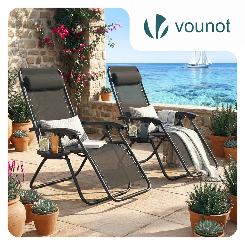 Chaise Longue inclinable en testilene avec porte gobelet et portable Noir Lot de 2