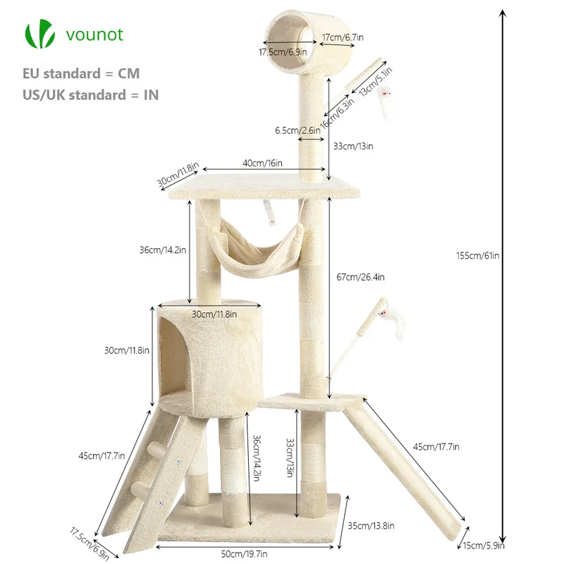 Arbre à Chat 154cm avec Griffoir Plateforme Niche XXL Beige