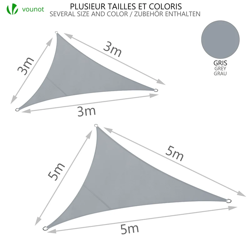 Voile d’ombrage Triangle Imperméable Polyester avec Corde 5x5x5m Gris