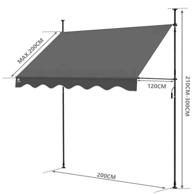 Auvent retractable manuel sans percage 200cm Gris