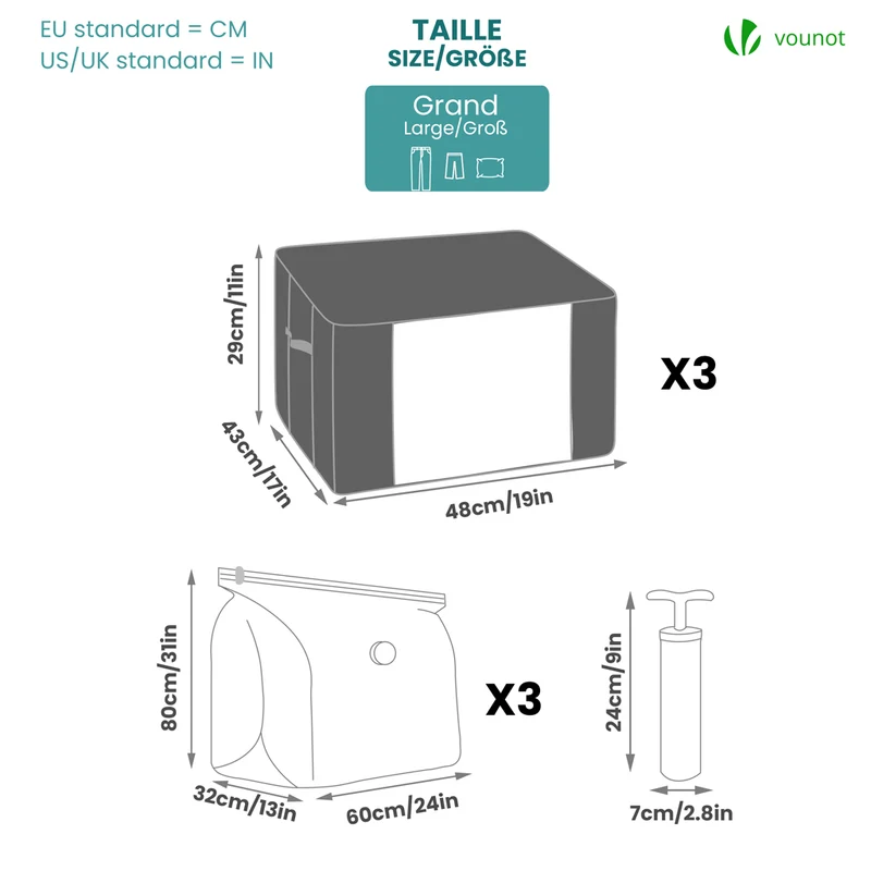 Lot de 7 sac de rangement sous vide Non Tisse XXL gris