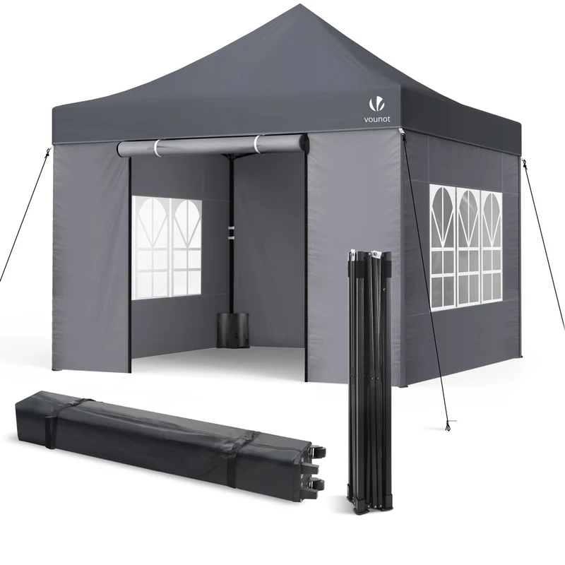 Tonnelle de jardin renforcée 3x3m pliable avec 4 parois et sac de transport a roulette gris