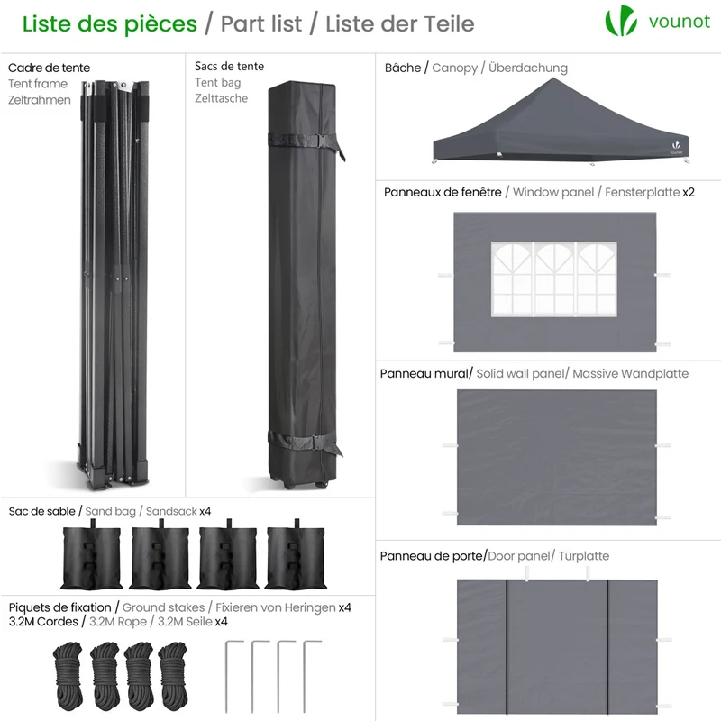 Tonnelle de jardin renforcée 3x3m pliable avec 4 parois et sac de transport a roulette gris