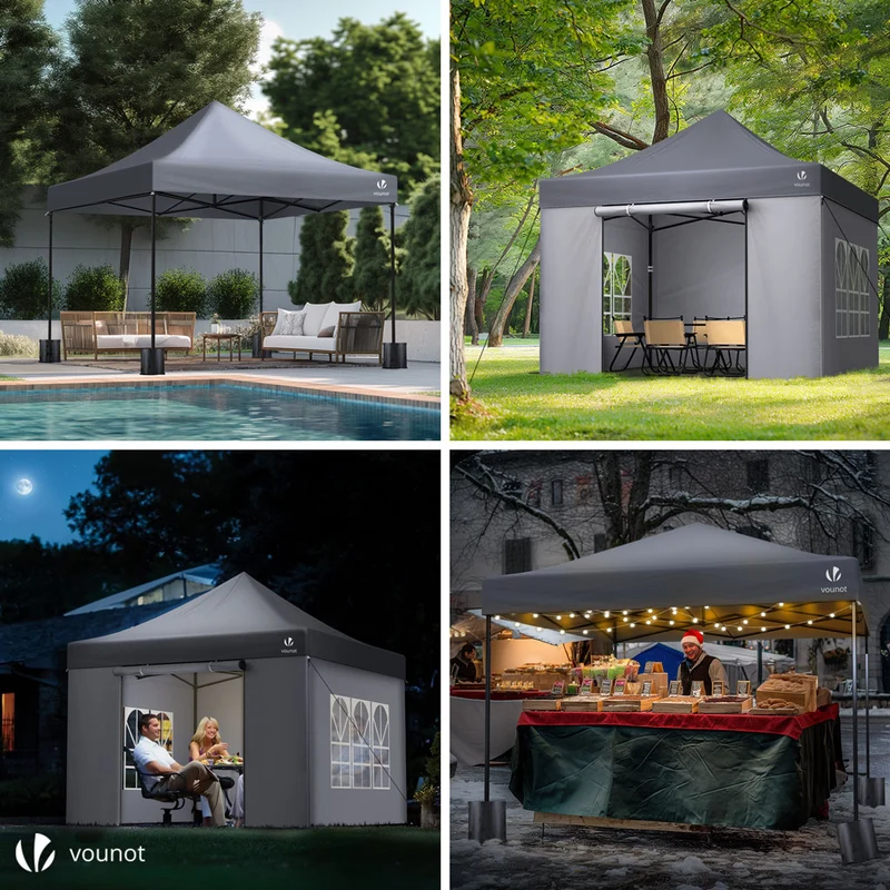 Tonnelle de jardin renforcée 3x3m pliable avec 4 parois et sac de transport a roulette gris