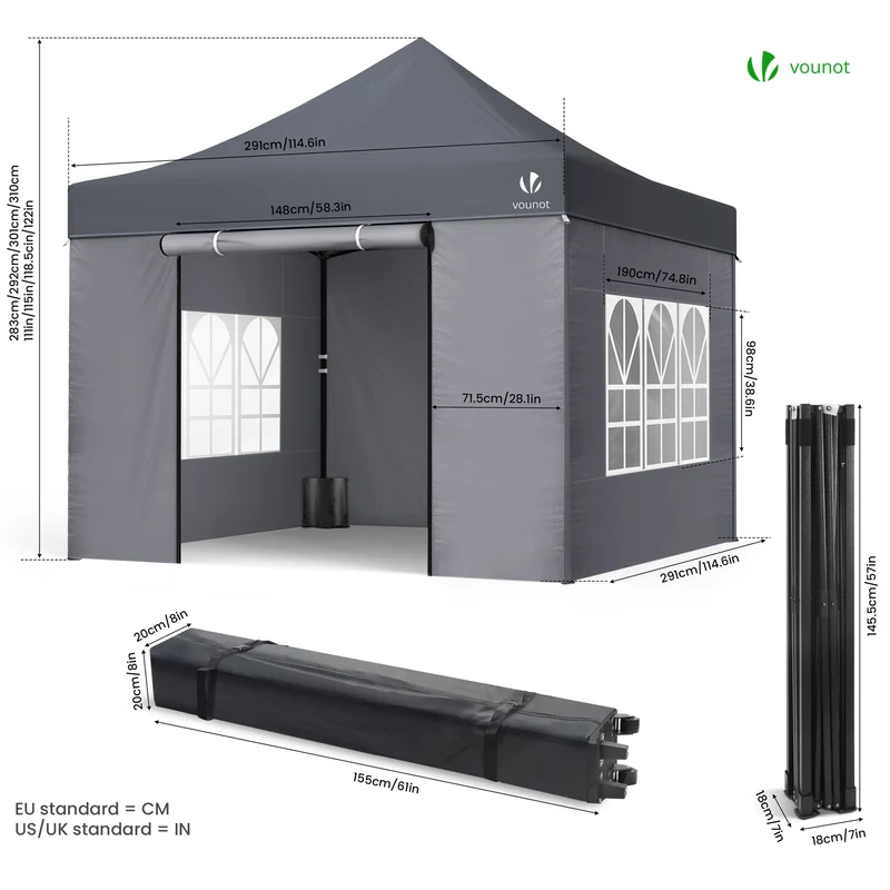 Tonnelle de jardin renforcée 3x3m pliable avec 4 parois et sac de transport a roulette gris
