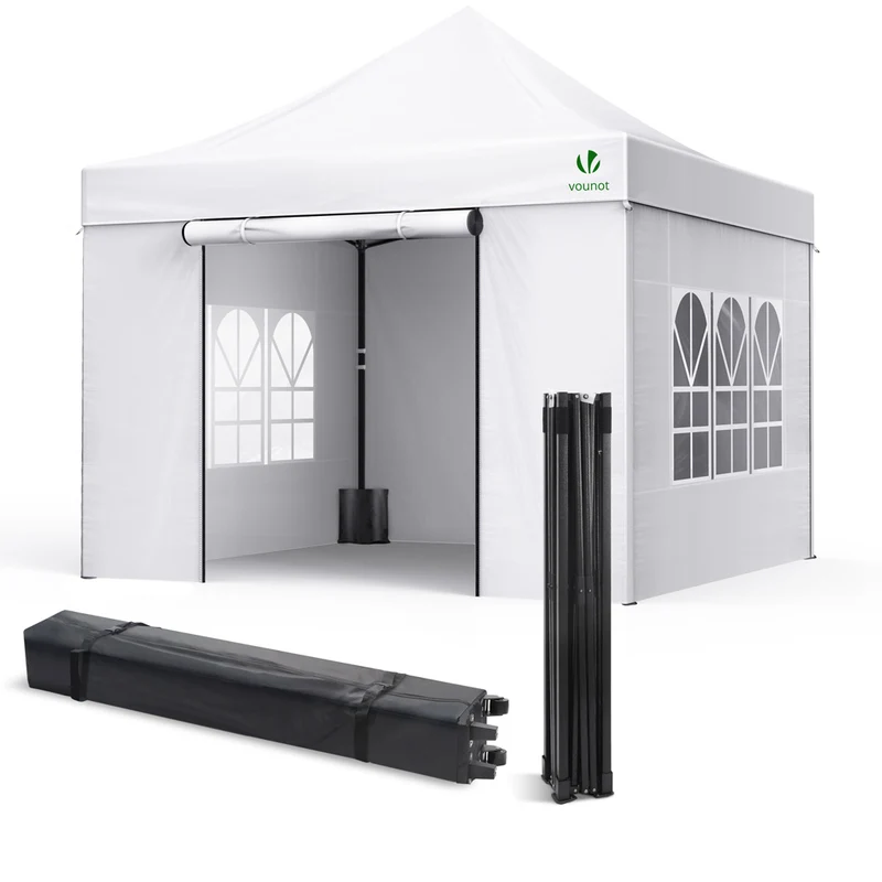 Tonnelle de jardin renforcée 3x3m pliable avec 4 parois et sac de transport a roulette blanche
