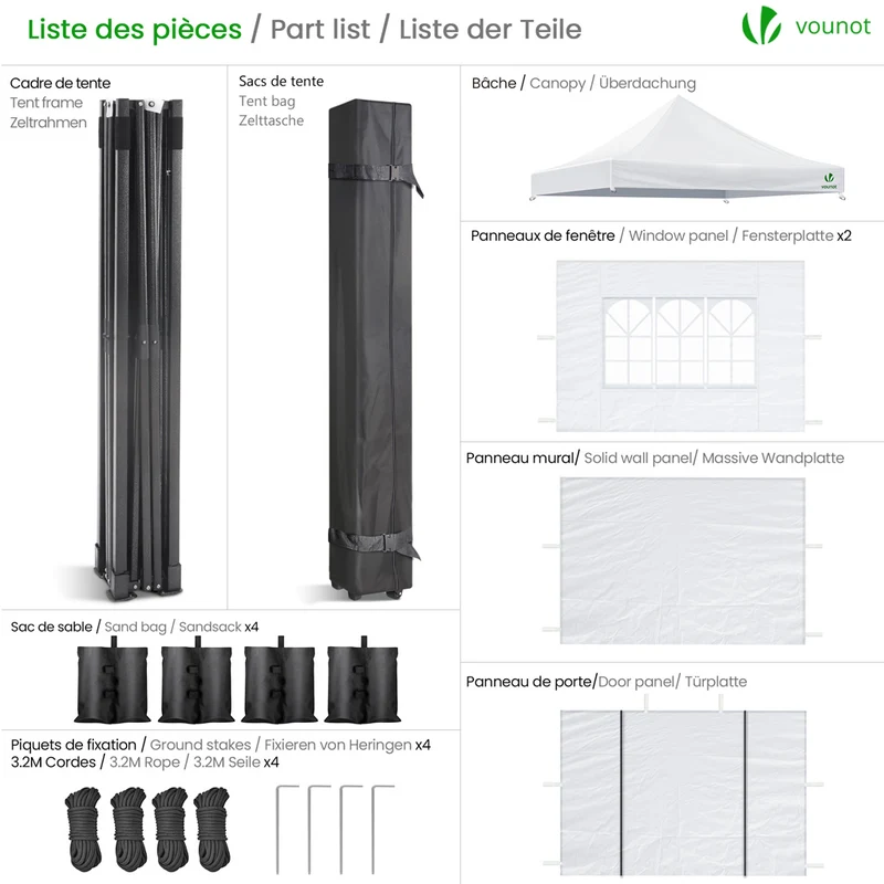 Tonnelle de jardin renforcée 3x3m pliable avec 4 parois et sac de transport a roulette blanche