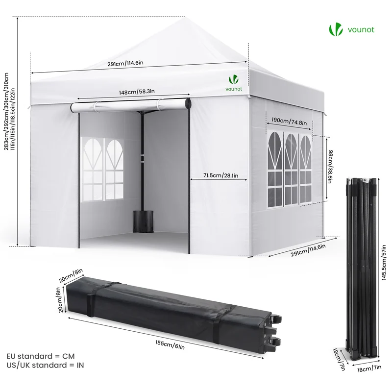 Tonnelle de jardin renforcée 3x3m pliable avec 4 parois et sac de transport a roulette blanche
