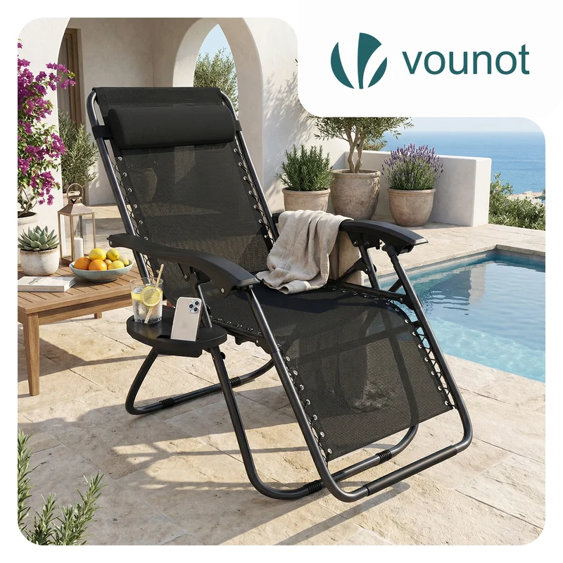 Chaise Longue inclinable en textilene avec porte gobelet et portable Noir