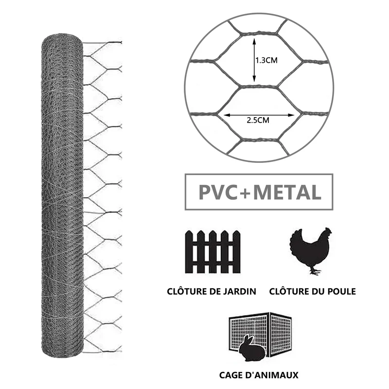 Grillage a poule avec fils 13mm en PVC gaine gris 1x25M