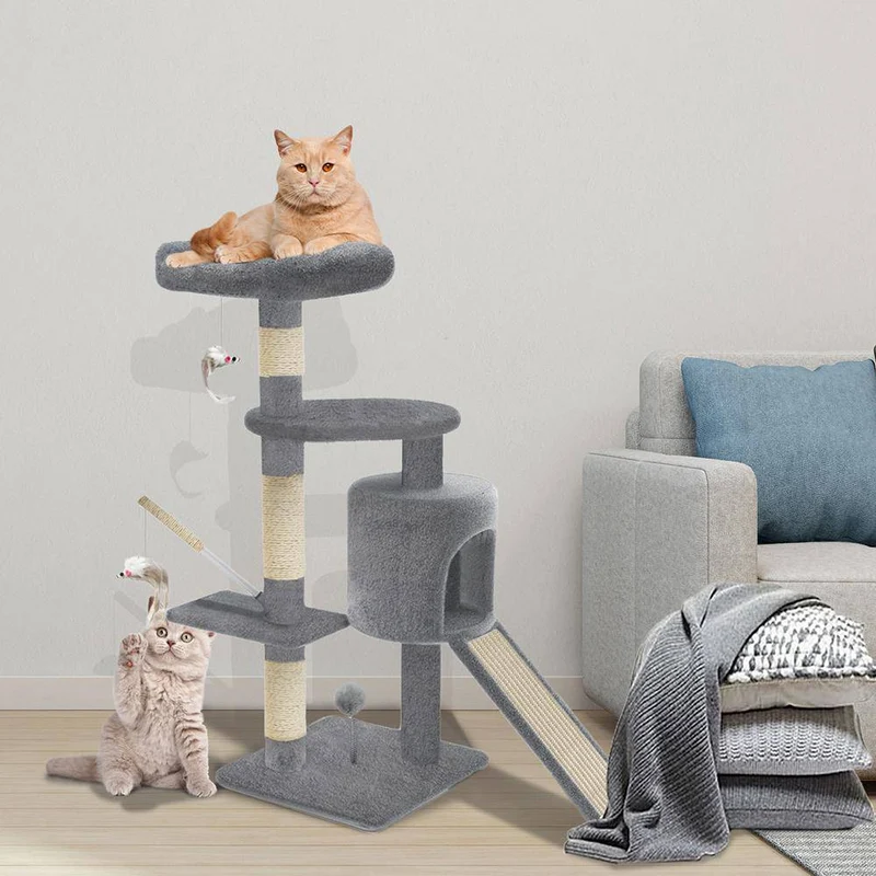 Arbre à Chat 112cm avec Griffoir Plateforme Niche L Gris