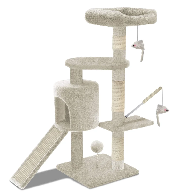 Arbre à Chat 112cm avec Griffoir Plateforme Niche L Beige