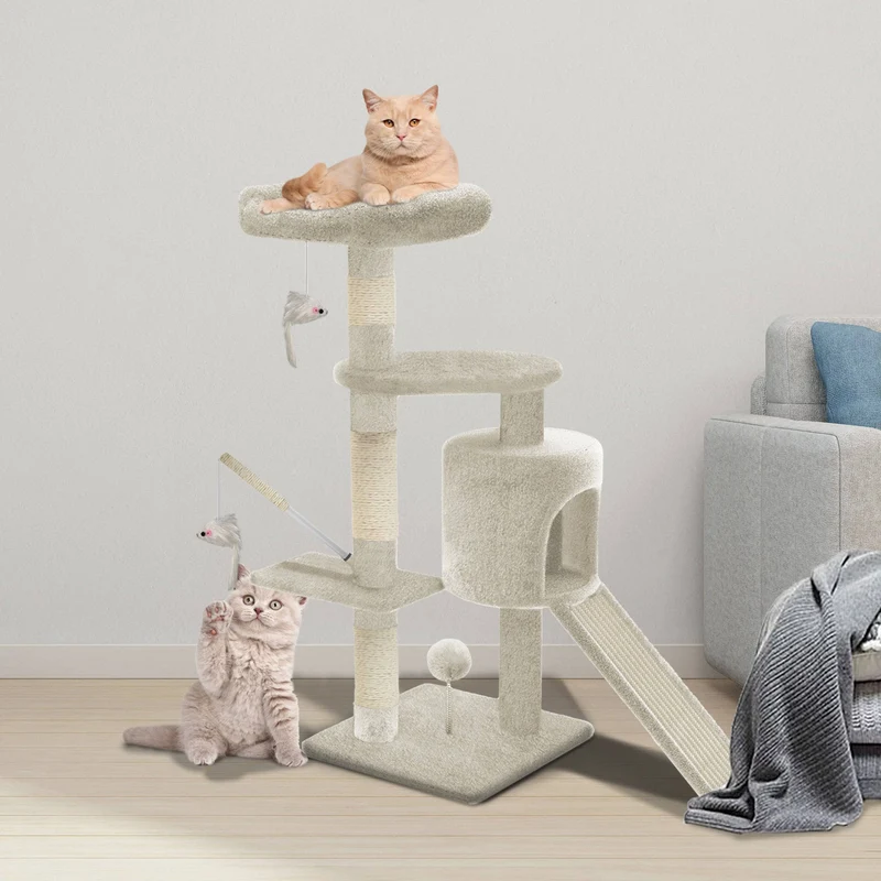 Arbre à Chat 112cm avec Griffoir Plateforme Niche L Beige