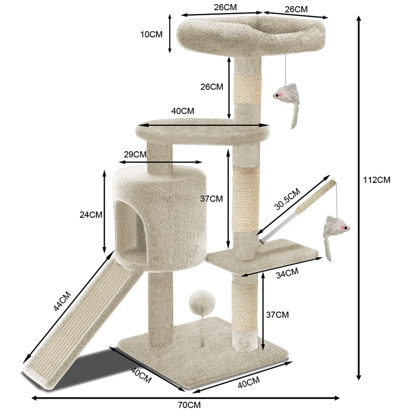 Arbre à Chat 112cm avec Griffoir Plateforme Niche L Beige