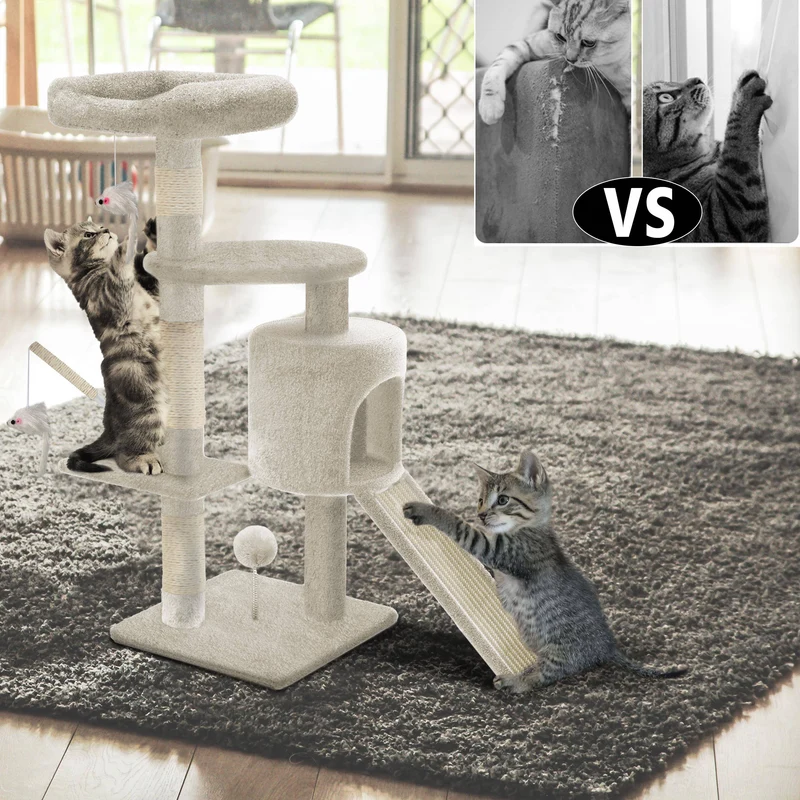 Arbre à Chat 112cm avec Griffoir Plateforme Niche L Beige