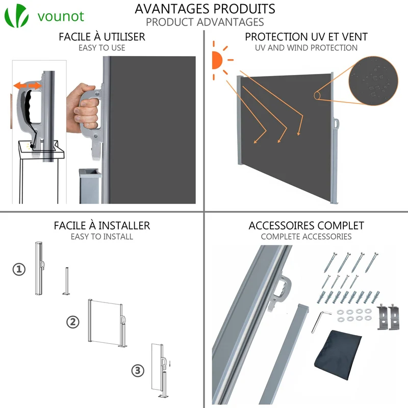 Paravent retractable avec housse de protection 140x300cm Gris