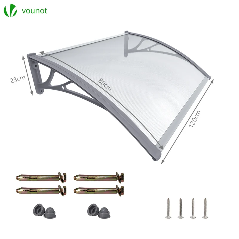 Auvent de porte marquise 120x80 cm transparent en Polycarbonate anti UV Gris