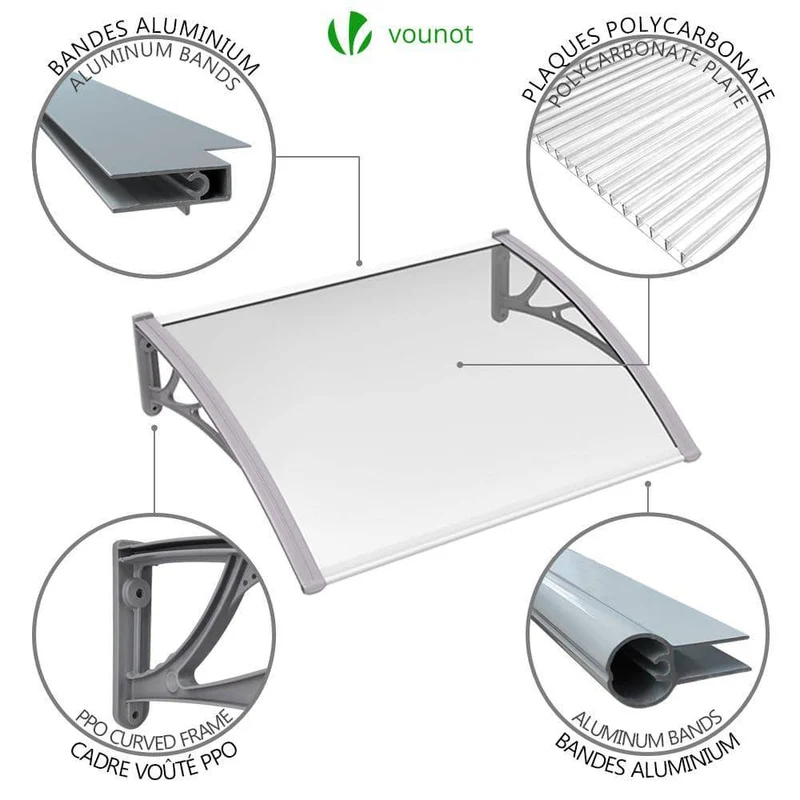 Auvent de porte marquise 120x80 cm transparent en Polycarbonate anti UV Gris