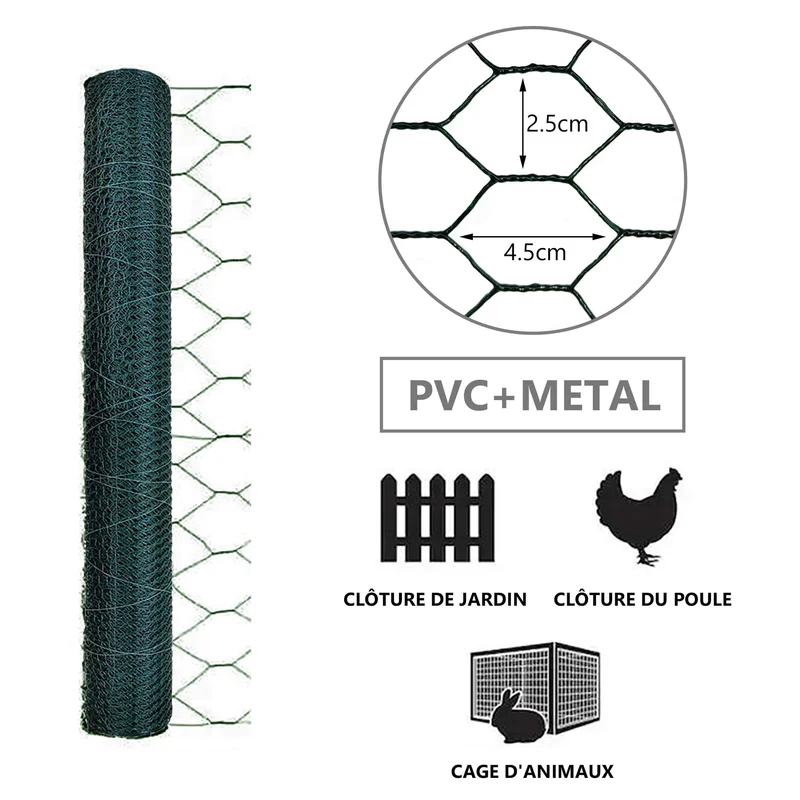 Grillage a poule avec fils 25mm en PVC gaine vert 1x25M