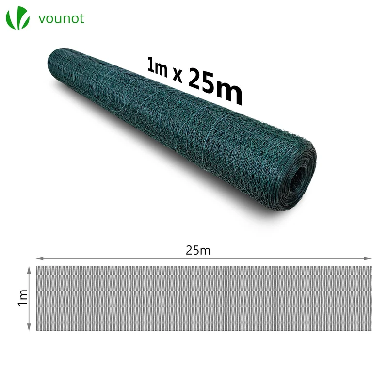 Grillage a poule avec fils 25mm en PVC gaine vert 1x25M