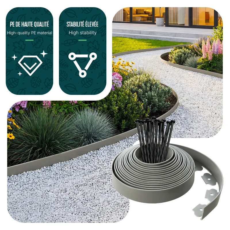 Bordure de jardin plastique flexible 10m avec piquets gris