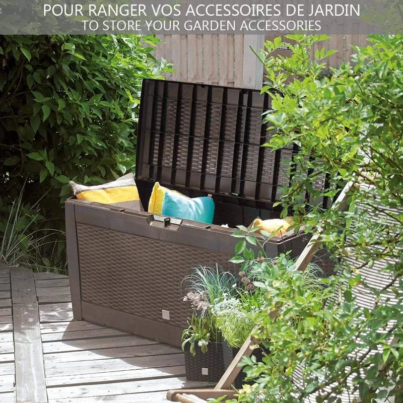 Coffre de Rangement Exterieur 310L en PP 119x48x60CM Style Polyrotin Marron