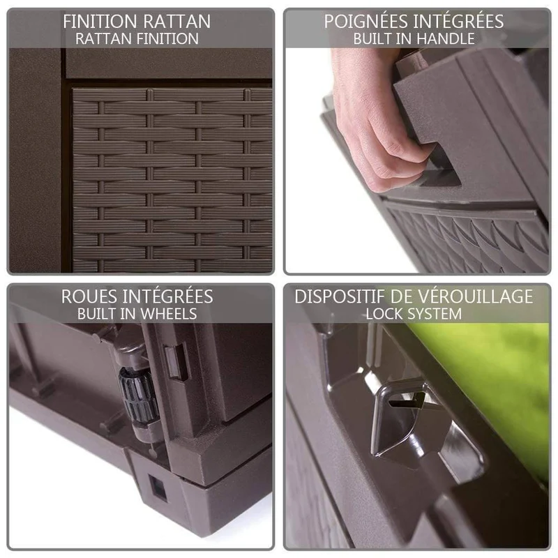 Coffre de Rangement Exterieur 310L en PP 119x48x60CM Style Polyrotin Marron