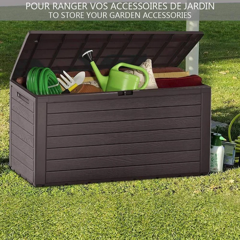 Coffre de Rangement Exterieur 280L en PP 116x44x55CM Style Bois Marron