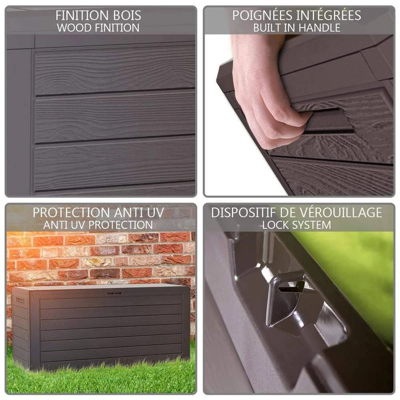 Coffre de Rangement Exterieur 280L en PP 116x44x55CM Style Bois Marron