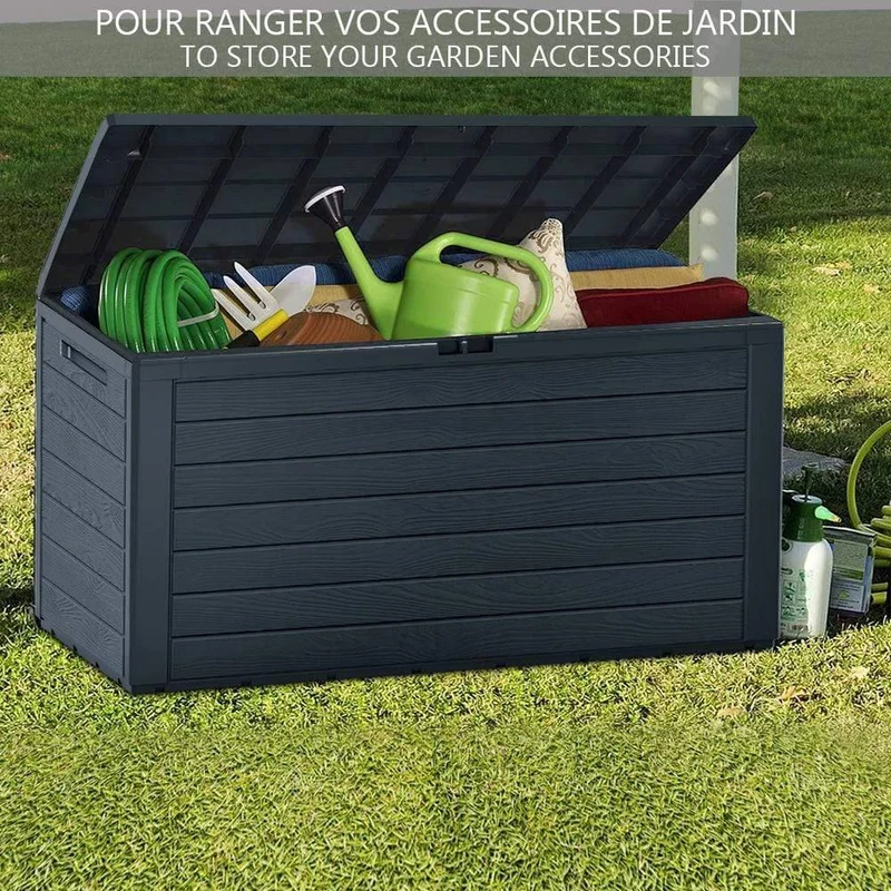 Coffre de Rangement Exterieur 280L en PP 116x44x55CM Style Bois Anthracite