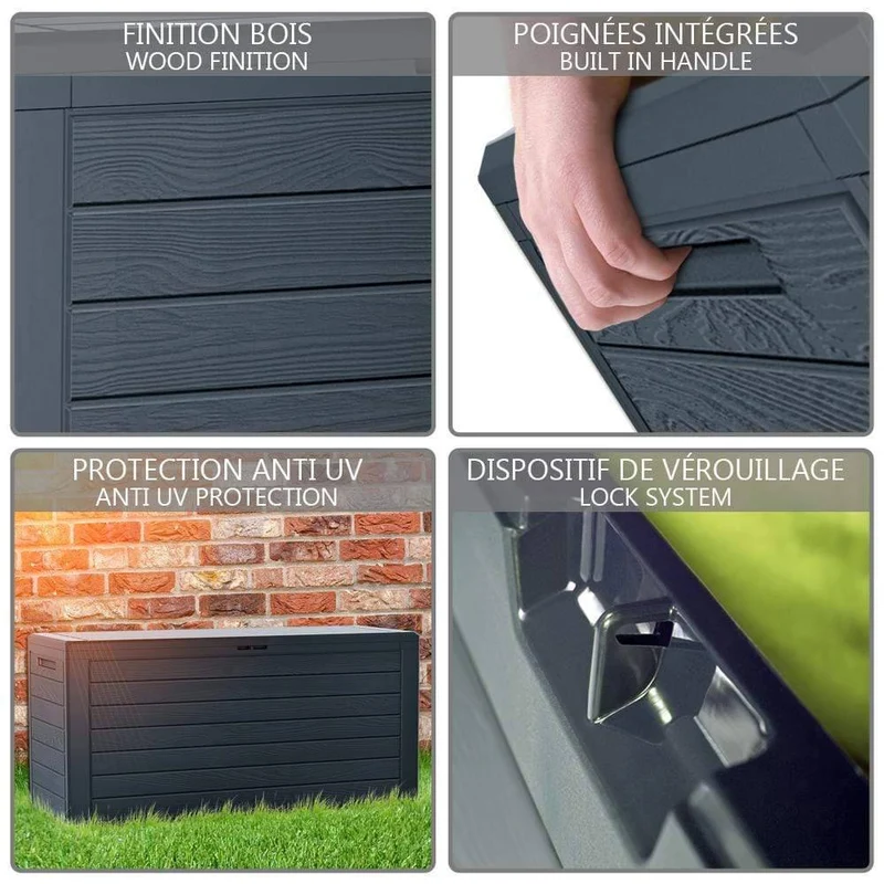 Coffre de Rangement Exterieur 280L en PP 116x44x55CM Style Bois Anthracite