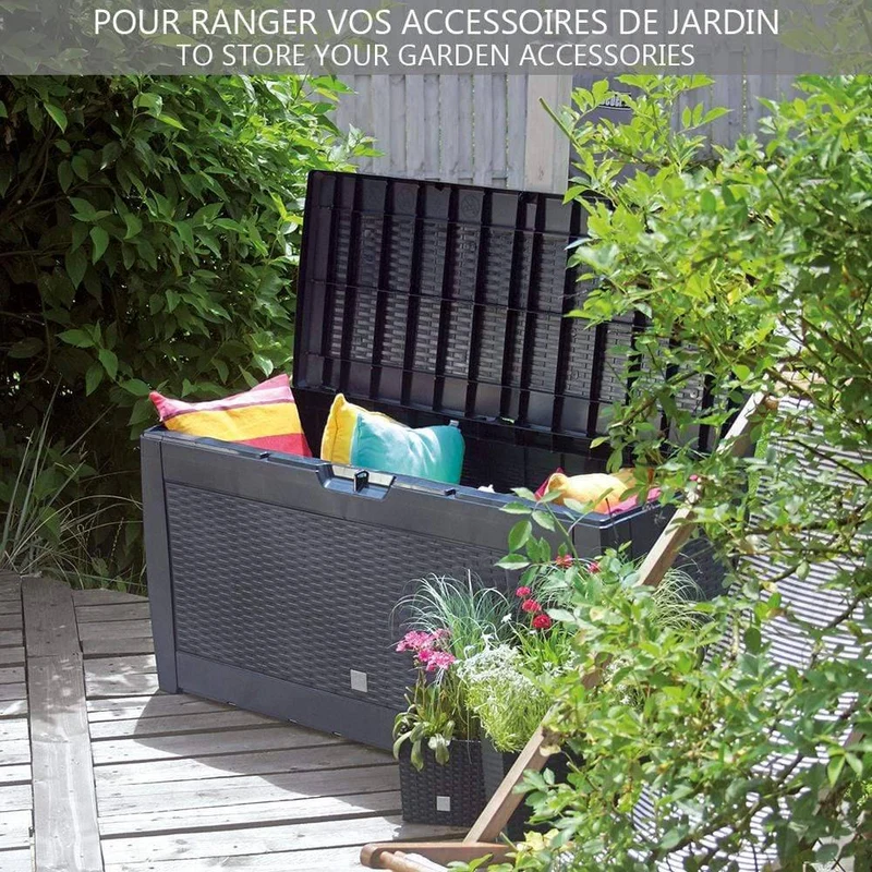 Coffre de Rangement Exterieur 310L en PP 119x48x60CM Style Polyrotin Anthracite