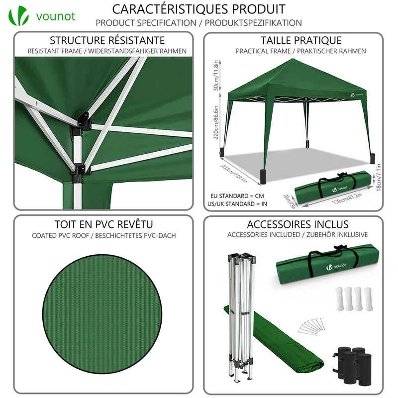 Tonnelle de jardin 3x3m pliable verte avec sac de transport