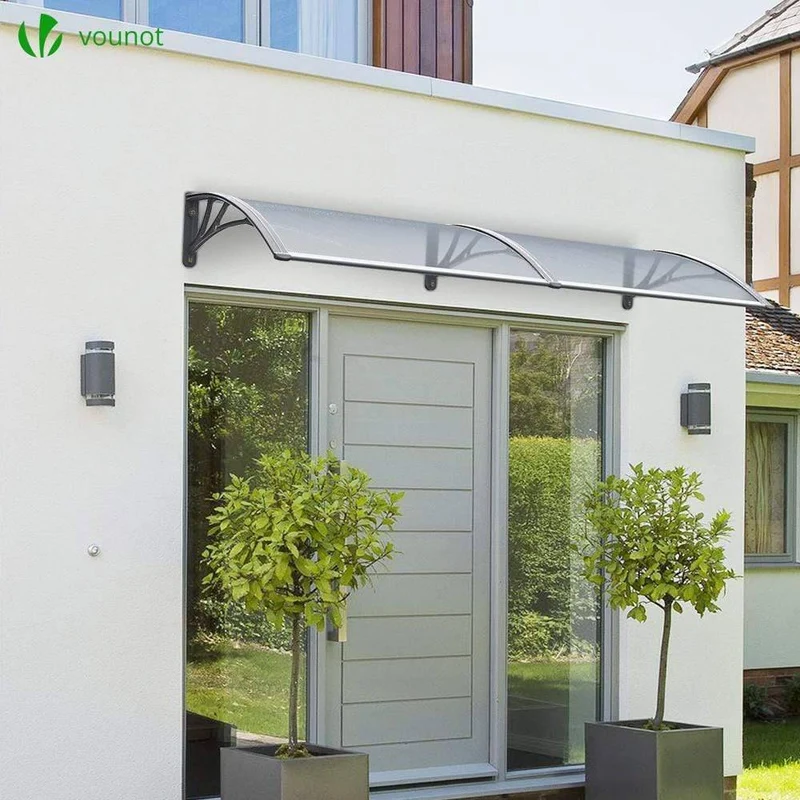 Auvent de porte marquise 200x80 cm transparent en Polycarbonate anti UV Gris